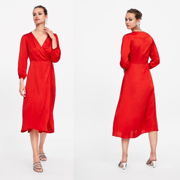 Zara Dresses & Skirts - ZARA Red Sateen Midi Dress - SOLD